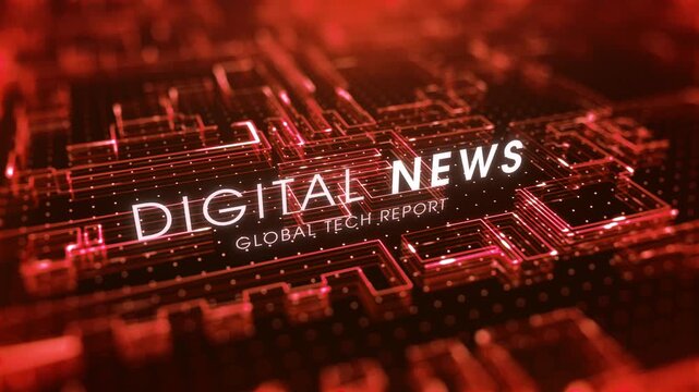 Abstract futuristic circuit board background with glowing grid lines, digital news text, global tech report lettering, subtle rotating perspective motion, glitch reveal effects, and seamless looping.