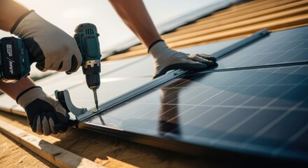 Detailed shot of solar roof shingles being aligned and secured with tools emphasizing clean renewable energy technology.