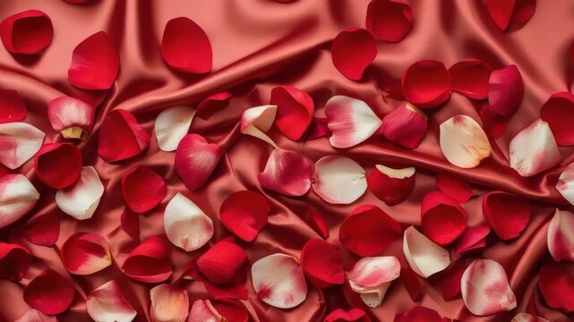 Romantic red and white rose petal arrangement on satin fabric evoking elegant soft passion