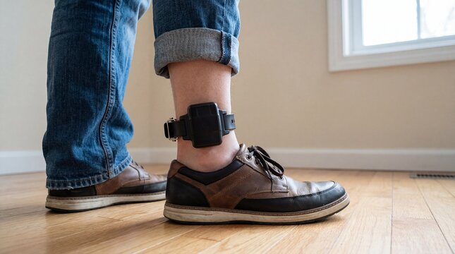 A close up view reveals a person wearing an electronic monitoring device secured around their ankle suggesting house arrest