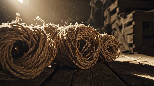 Tightly wound bundles of coarse, unyielding twine with fiber details on a rustic wooden surface, bathed in dramatic sunlight