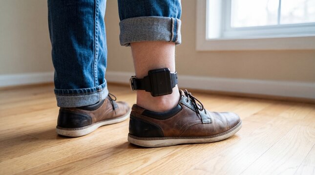 A close up view depicts a person s legs and feet wearing an electronic monitoring device attached to the ankle