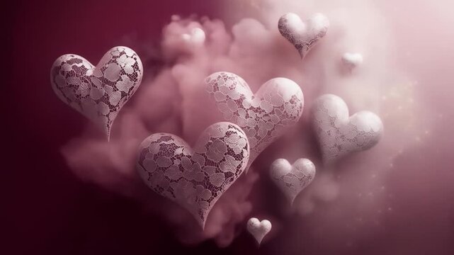 Romantic hearts with delicate lace texture gently floating in a soft cloud atmosphere