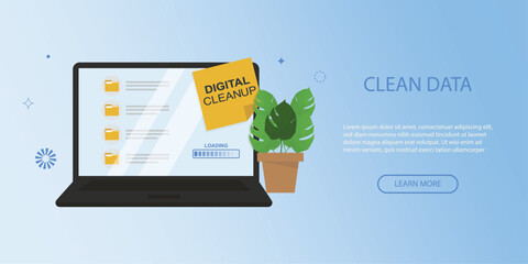 Clean data laptop digital cleanup banner. data organization and decluttering for better digital health. Green IT banner concept. Digital carbon footprint. Digital cleanup day. Vector illustration