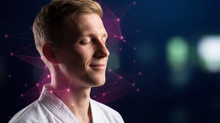 A serene young man practices mindful meditation with a futuristic network overlay suggesting the intersection of technology and inner peace