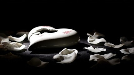 sorrow. A broken ceramic heart and scattered rose petals on a dark surface with dramatic shadows. wellbeing guides, coaching materials, designed for mental health education and mindfulness programs.