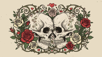 Skeleton and skull Valentine, Cute Doodle Cartoon Line Art Vector Clipart lino cut engraving illustration
