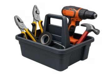 Toolbox holding power drill, hammer, pliers, and electrical tape