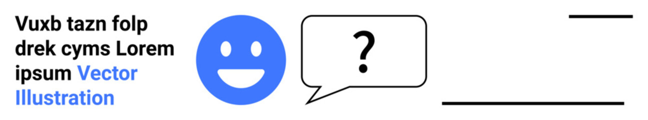 Fototapeta premium Communication, query resolution, language learning, digital dialogue, interactive conversations, customer support. A blue happy face with a speech bubble containing a question mark and filler text