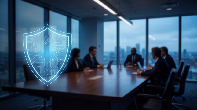 A modern boardroom scene illustrates the importance of cybersecurity featuring a glowing shield overlay symbolizing data protection and business security - Powered by Adobe