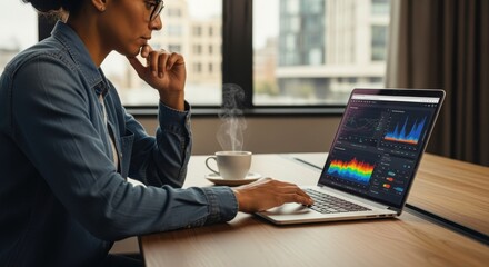 Data scientist analyzing historical noise sensor data on laptop extracting trends to design innovative urban noise reduction strategies and policies.