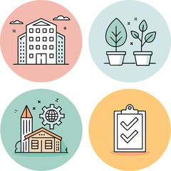 Modern business and education icons with buildings, plants, checklist