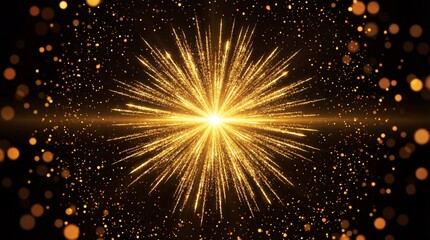 A radiant burst of golden light emanating from a central point surrounded by a scattering of sparkling particles on a black background