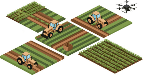 Isometric farming illustration showing tractors working cultivated fields with crop plots, harvest box, and agricultural drone for modern smart agriculture © VectoBloom