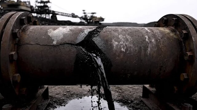 Illustrative video of an industrial oil pipeline leak, petroleum, crude oil, close-up. 