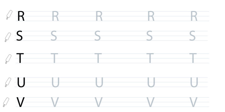 Alphabet handwriting practice sheet for letters r to v