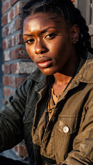 Obraz premium Portrait of a young woman with natural expression against a brick wall.