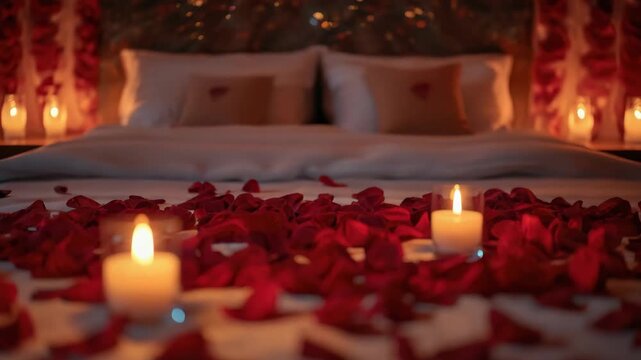 Romantic bed with rose petal pathway and glowing candlelight creating intimate candlelit ambiance
