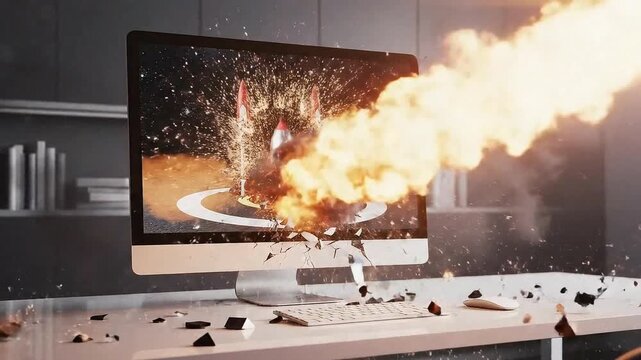 A computer monitor on a desk explodes with a massive fireball and debris scattering everywhere indoors