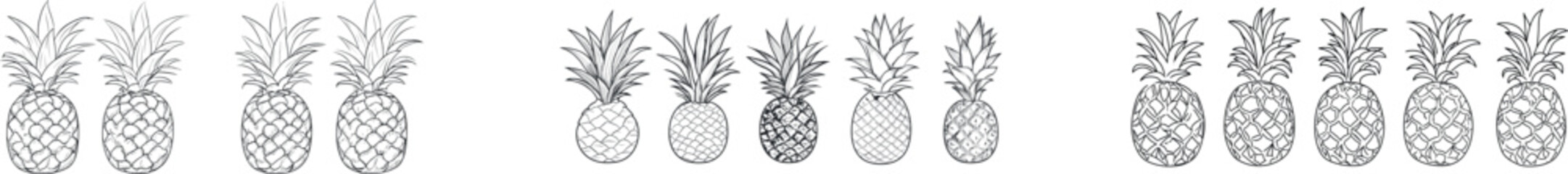 Modern illustration of pineapple fruit is created using a continuous single line drawing as a minimalist art element for summer travel and holiday concept