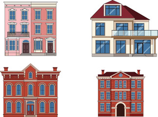 Fototapeta premium Residential building facade illustration set featuring classic townhouse and modern house exteriors in flat vector architectural style design