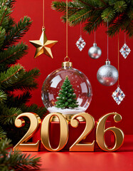 Happy New Year 2026 concept with golden numbers, snow globe and Christmas decorations on red background.