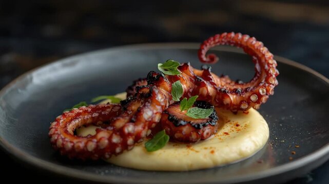 Grilled octopus tentacle on creamy potato puree mash with charred herbs and smoky paprika