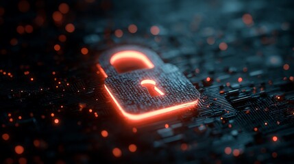 Glowing lock icon on a computer circuit board with blurred background. Data security concept