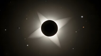 A beautiful celestial phenomenon featuring a solar eclipse in deep space with glowing stars and planets.