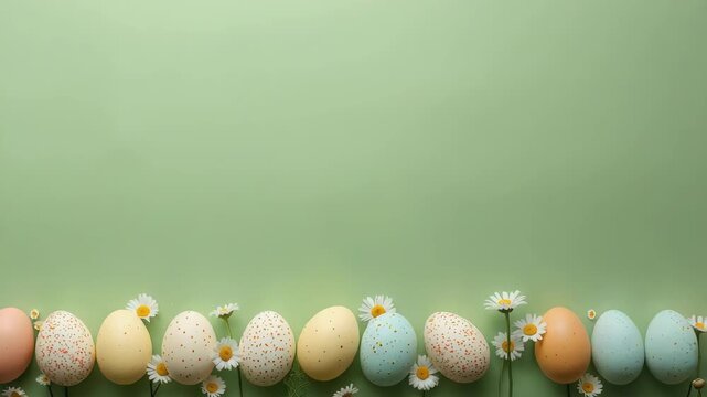 Pastel speckled egg and daisy spring Easter scene with pastel daisy adorned speckled egg background
