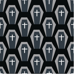 Spooky pattern design featuring gray coffins with crosses on a black background