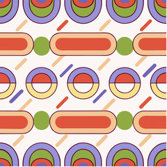 Playful pattern design featuring colorful overlapping shapes and circles on a light background