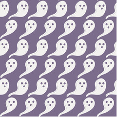 Whimsical pattern design featuring cute ghosts on a purple background