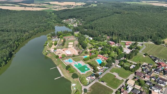 Aerial view of Kurinec zelena voda swimming pool in Rimavska Sobota district in Slovakia