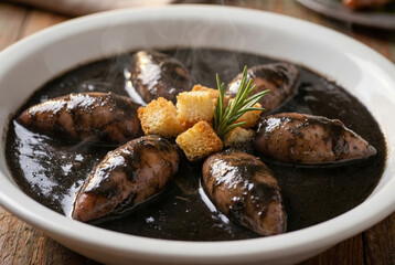 Calamares en su tinta servidos con crujientes picatostes