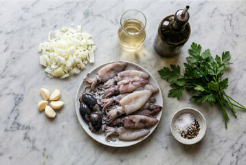 Ingredientes frescos para preparar calamares en su tinta