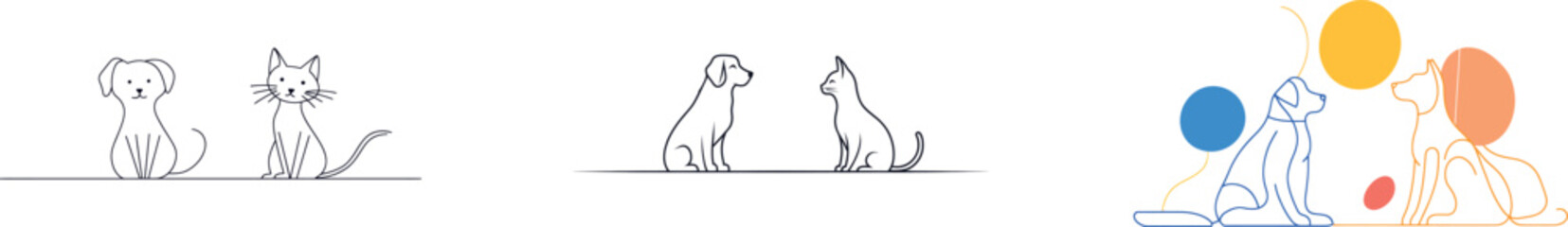 A hand-drawn modern art piece showcases a dog and cat in a continuous line silhouette