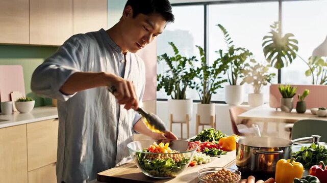 A person preparing a healthy fresh salad in a bright, modern kitchen with lush green plants