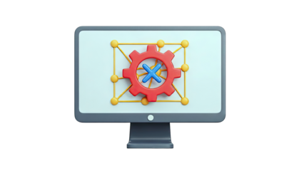 Computer Monitor Displaying Gear and Network Icon