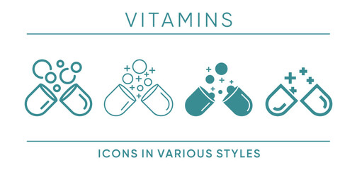 Vitamins ingredient icons set in various styles