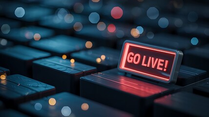 A close up view of a computer keyboard highlights a glowing go live key emphasizing the world of digital broadcasting and online content creation