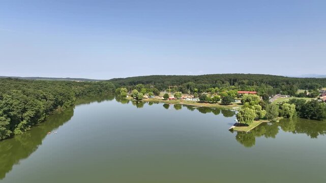 Aerial view of the Kurinec natural swimming pool in the Rimavska Sobota district in Slovakia