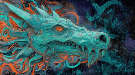 Fantasy dragon illustration with teal and orange hues for creative design