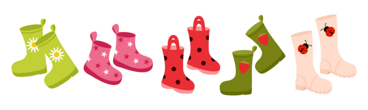Cute colorful rubber rain boots set. Children waterproof boots with floral, star, polka dot and ladybug patterns. Flat style, bright colors, vector illustration isolated on white background.