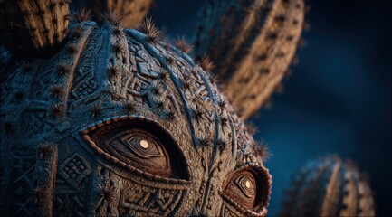 Obraz premium Close up of intricately textured sculpture with glowing eyes against a dark backdrop