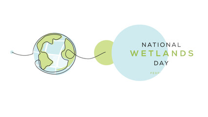 National Wetlands Day banner with a continuous line art globe and soft pastel circles, clean environmental design