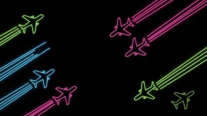 Multiple stylized airplane icons rendered in vibrant neon outline tracing colorful light trails against a solid black background suggesting travel and flight.
