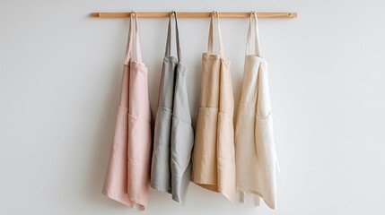 Four aprons of different colors hanging from a wooden rail against a white wall