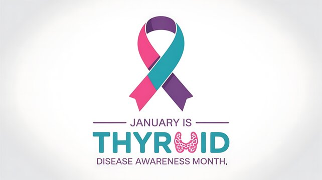 A vibrant purple and pink ribbon intertwined symbolizes thyroid disease awareness highlighted with a thyroid illustration and january designation high quality