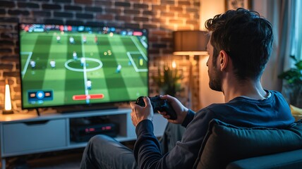a man is seen facing a large flat screen television while holding a gaming controller enjoying a soccer match indoors